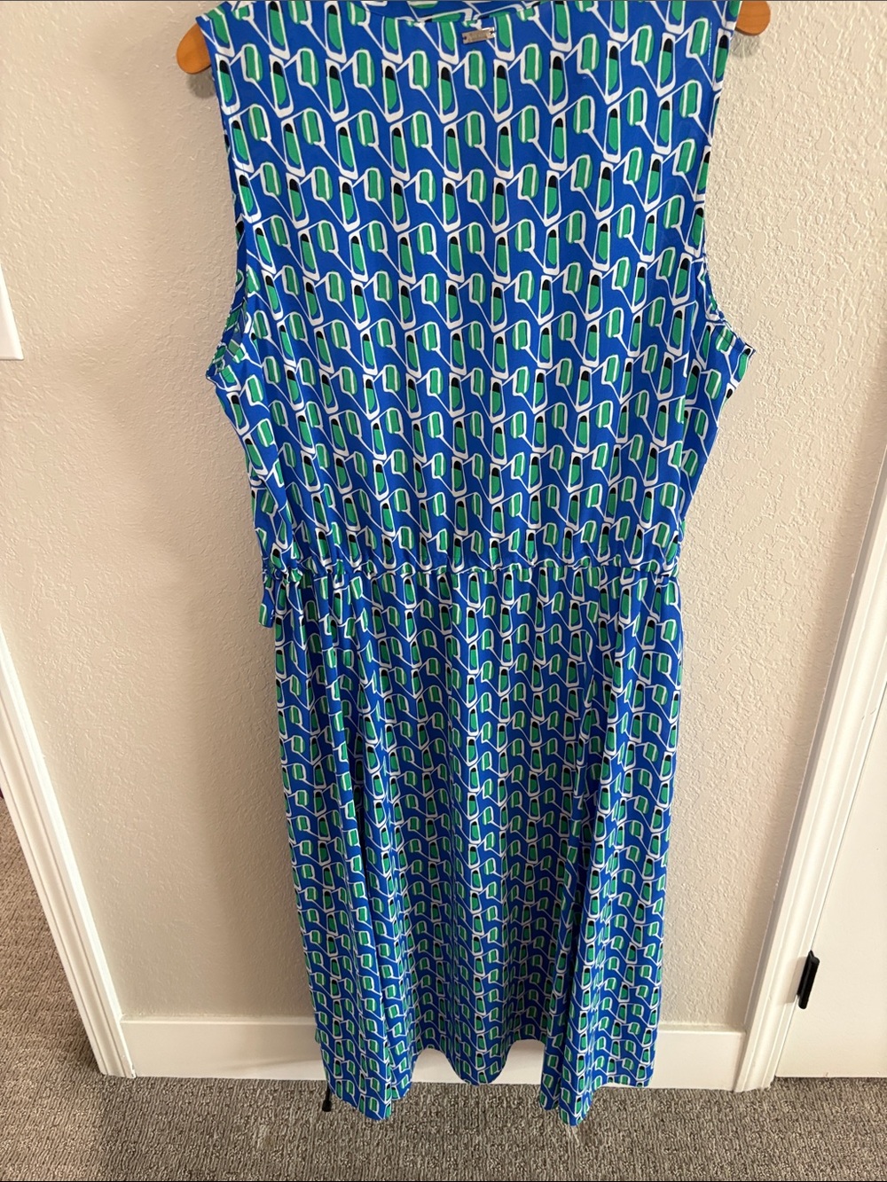 Anne Klein Blue & Green Geometric Sleeveless Dress - Picture 2 of 3